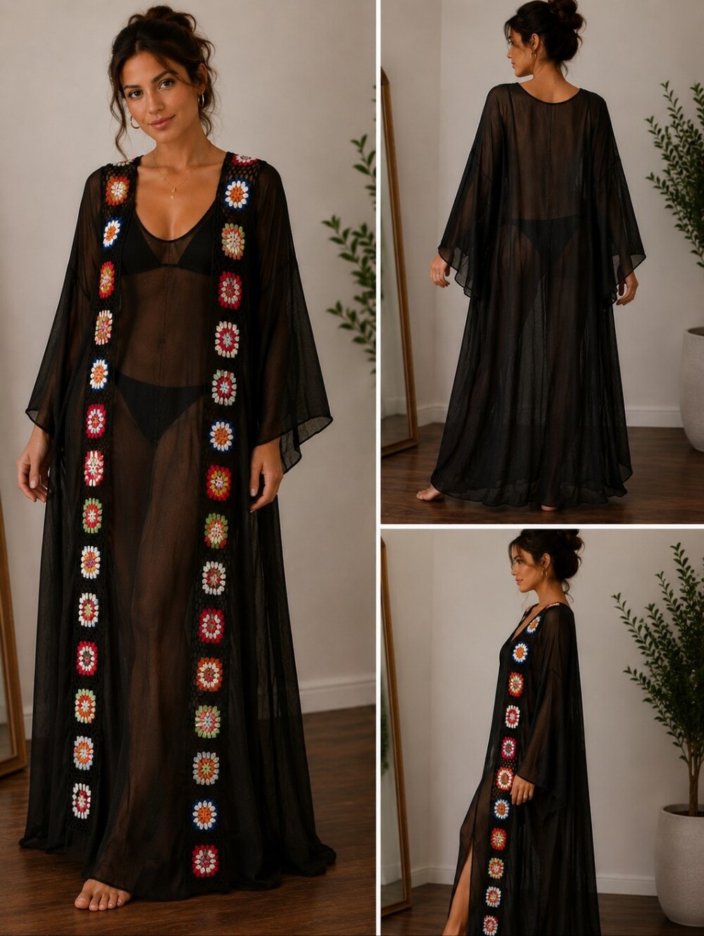 Crochet Black Long Sleeve Floral Swim Cover Up 48" Long Unbranded